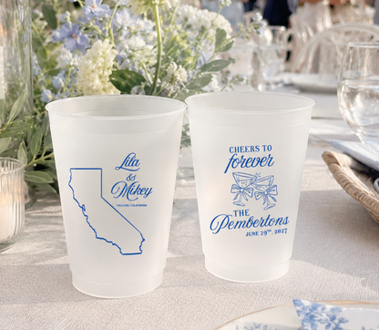 Custom California wedding frosted cups with state outline artwork, personalized names, custom wedding date, and destination wedding details