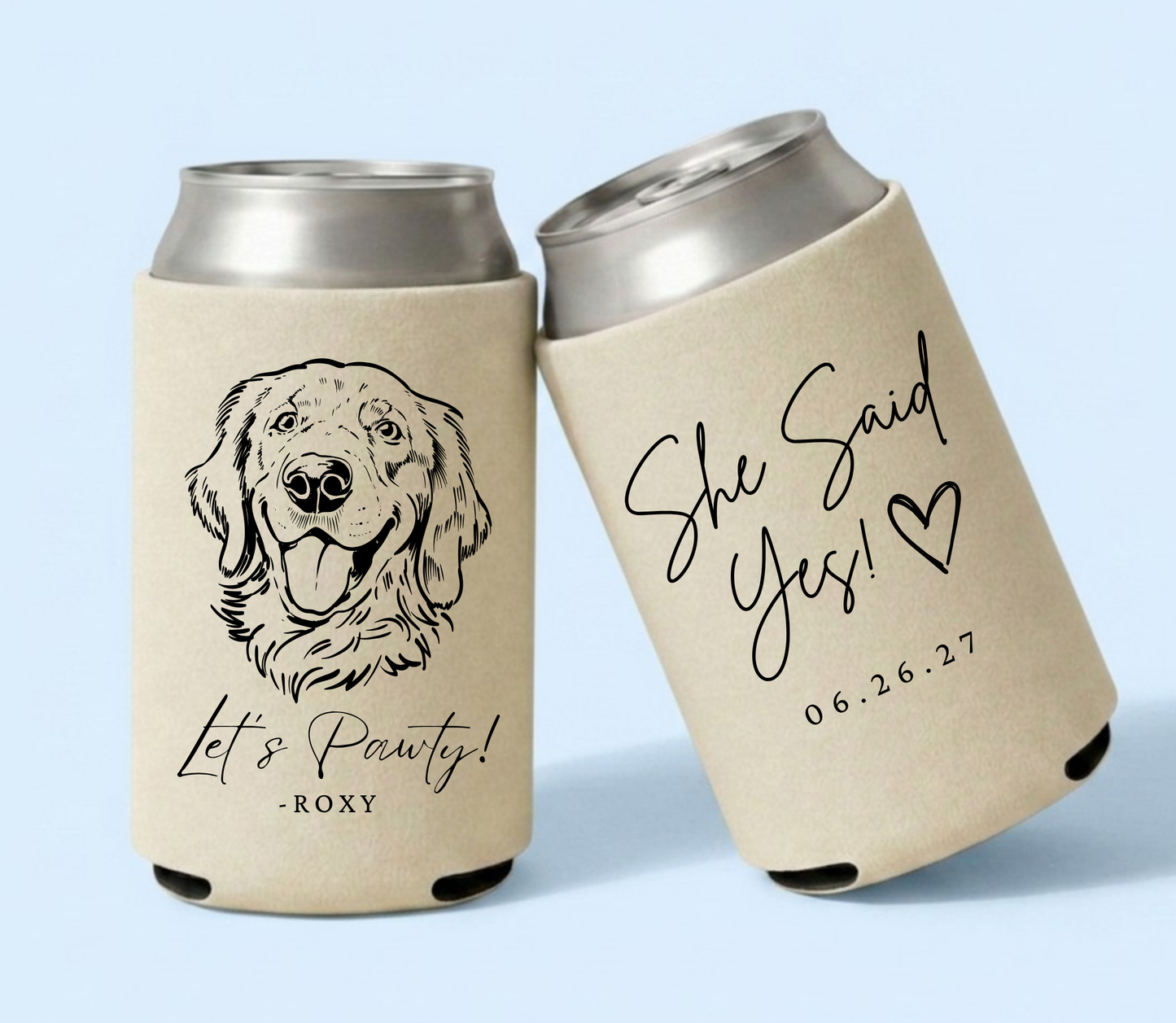 Personalized dog wedding can cooler
Lets pawty pet wedding favor
Custom dog portrait wedding sleeve
Dog lover wedding drink holder