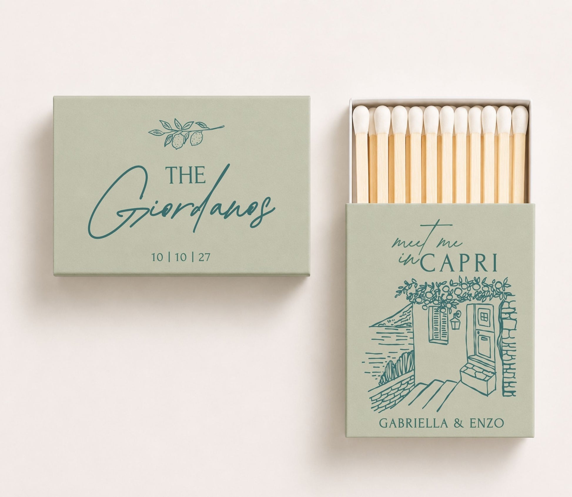 Sage green personalized Italian destination wedding matchboxes featuring Capri-inspired coastal artwork, elegant blue typography, custom couple names, wedding date, and premium safety matches.
Personalized Italian destination wedding matchbox featuring Capri-inspired coastal artwork and elegant typography.
Custom Capri wedding matchbox with Mediterranean illustration, couple names, and wedding date.