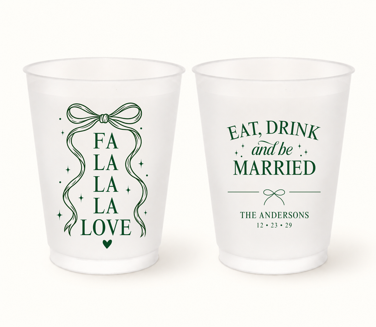 Personalized Christmas bow wedding frosted cups featuring holiday ribbon design with custom couple names and wedding date.
