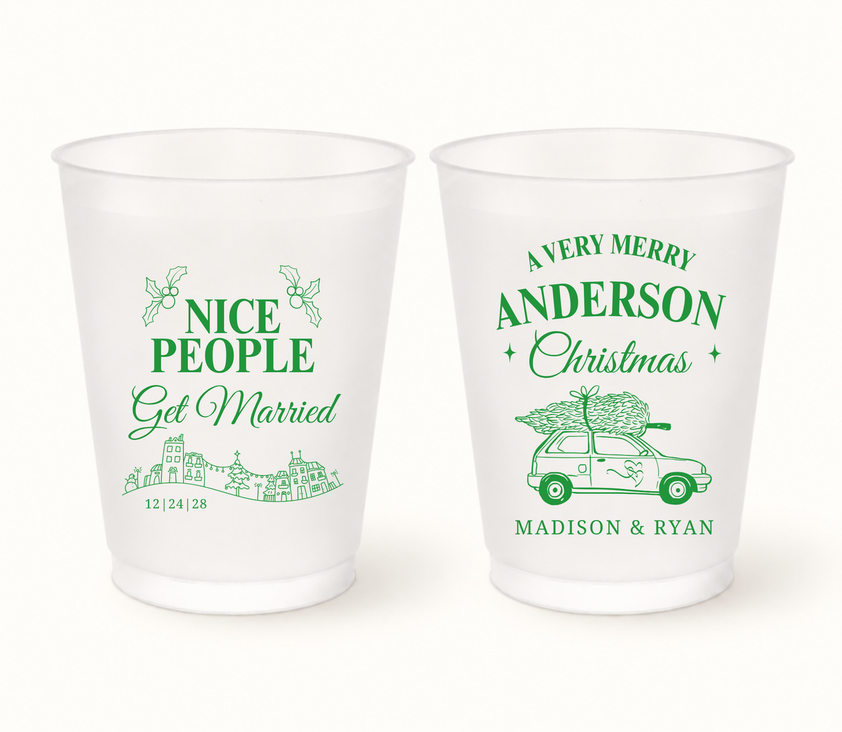 Personalized Nice People Christmas wedding frosted cups featuring holiday village and Christmas car designs with custom couple names and wedding date.