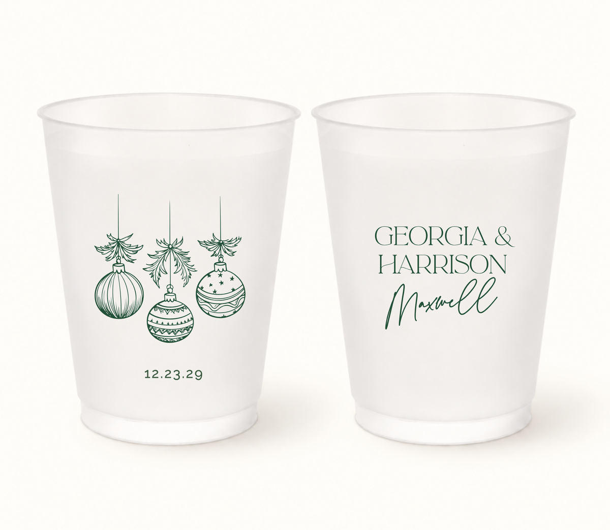 Personalized Christmas ornament wedding frosted cups featuring elegant hanging ornament design with custom couple names and wedding date.