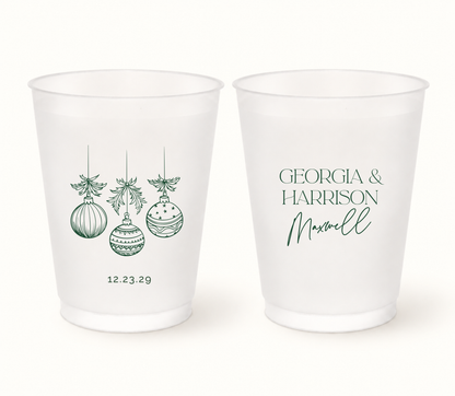 Personalized Christmas ornament wedding frosted cups featuring elegant hanging ornament design with custom couple names and wedding date.