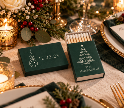 Green Christmas wedding matchbox featuring a personalized family name, Christmas tree, and wedding date.