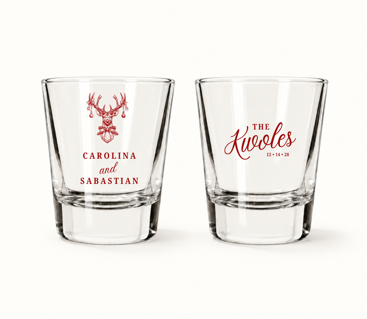Personalized Christmas reindeer wedding shot glasses featuring holiday artwork with custom couple names and wedding date.