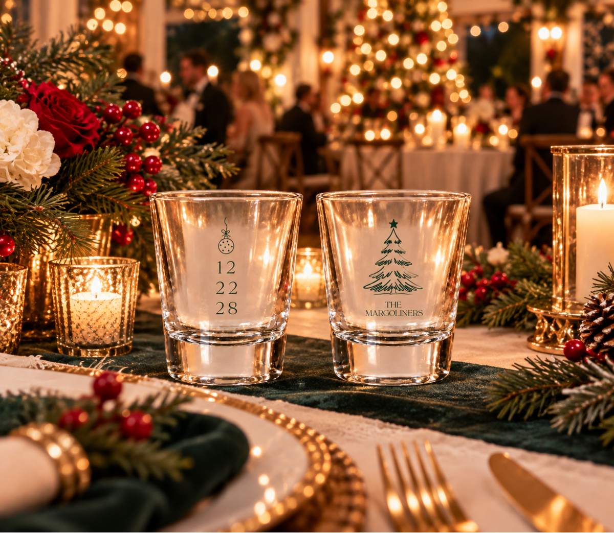 Elegant holiday wedding shot glasses featuring a Christmas tree and personalized family name.