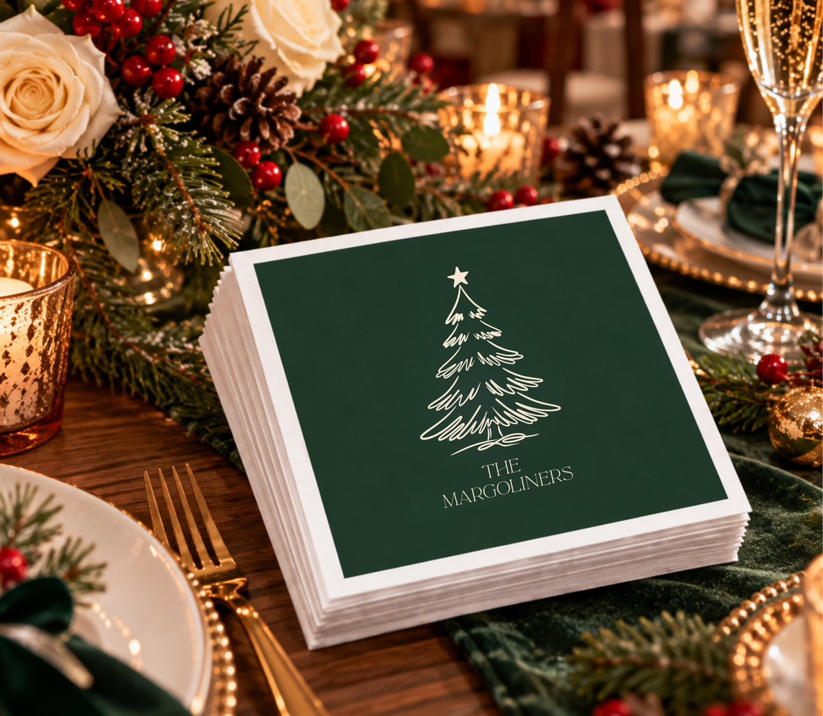Green Christmas wedding napkin featuring a minimalist Christmas tree, star, and personalized family name.