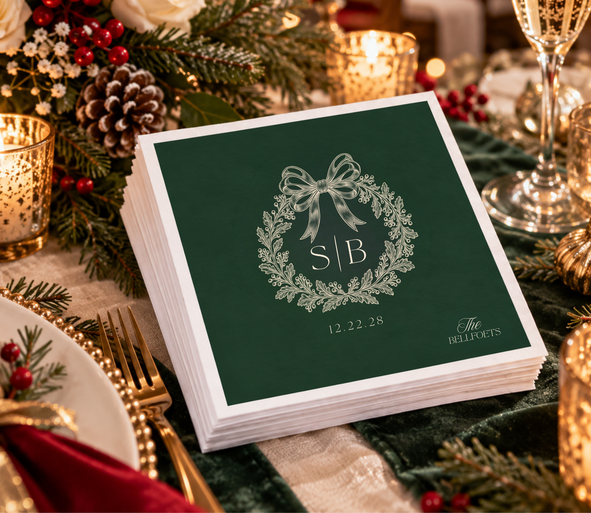 Green Christmas wedding napkin featuring a botanical wreath, personalized initials, and wedding date.