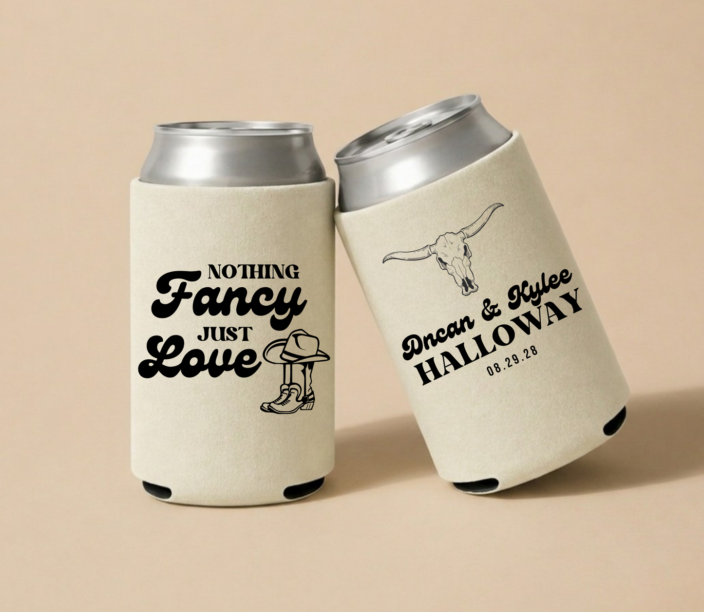 Personalized western wedding can coolers with black longhorn skull artwork, cowboy boot design, custom names, and wedding date on cream drink sleeves