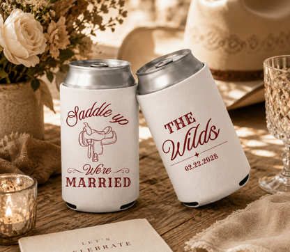 White wedding can coolers with red cowboy saddle design for rustic reception bars and country wedding favors
