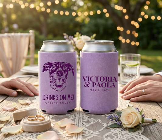 Personalized pet portrait wedding can coolers with purple custom dog artwork, couple names, wedding date, and pet name on lavender drink sleeves