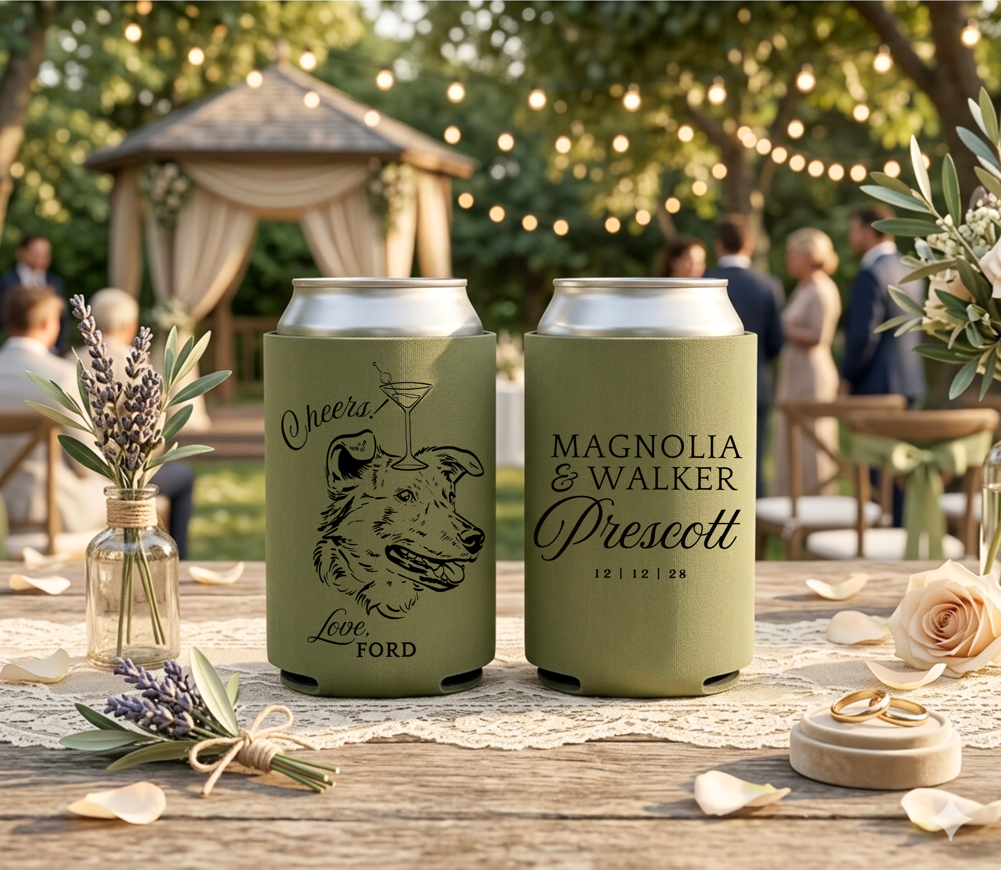 Personalized pet portrait wedding can coolers with black custom dog artwork, couple names, wedding date, and pet name on sage green drink sleeves