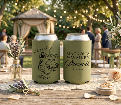 Personalized pet portrait wedding can coolers with black custom dog artwork, couple names, wedding date, and pet name on sage green drink sleeves