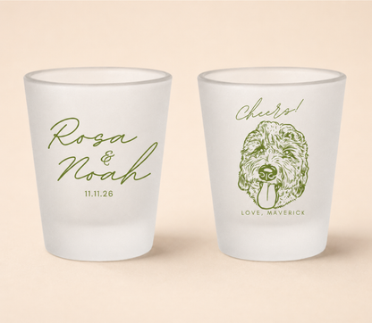Personalized pet portrait shot glasses with green custom dog artwork on frosted glass for unique wedding favors