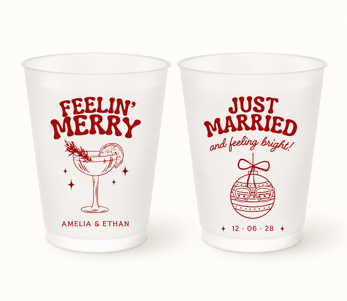 Personalized Feelin' Merry Christmas wedding frosted cups featuring festive cocktail and ornament designs with custom couple names and wedding date.