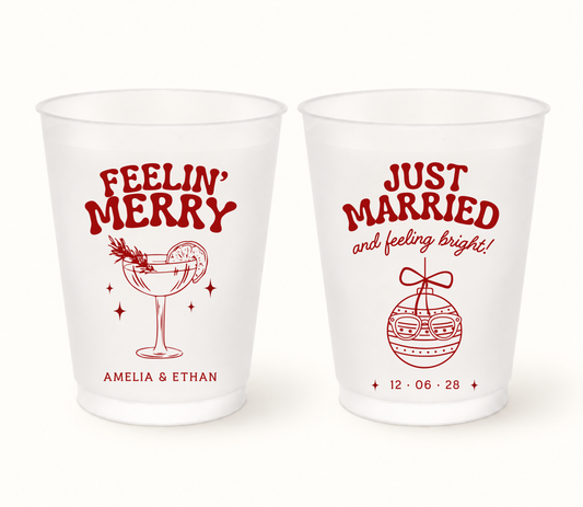 Personalized Feelin' Merry Christmas wedding frosted cups featuring festive cocktail and ornament designs with custom couple names and wedding date.