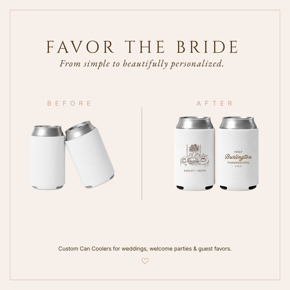 Elegant white Thanksgiving wedding can coolers with custom names, wedding date, and warm brown seasonal details.