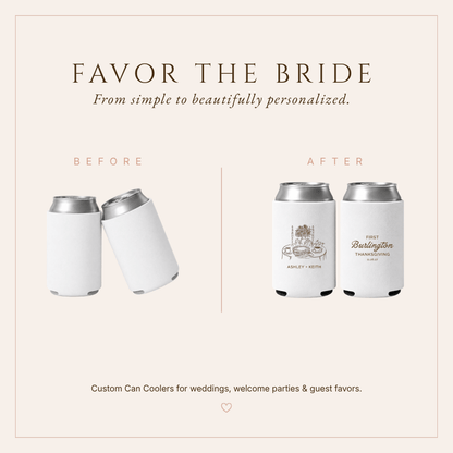 Elegant white Thanksgiving wedding can coolers with custom names, wedding date, and warm brown seasonal details.
