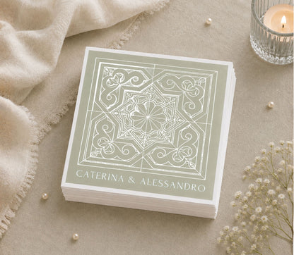 Custom Italian-inspired wedding table napkin featuring decorative geometric artwork and elegant personalization.