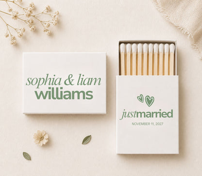 Custom Just Married wedding matchboxes featuring elegant minimalist typography, personalized couple names, and safety matches.