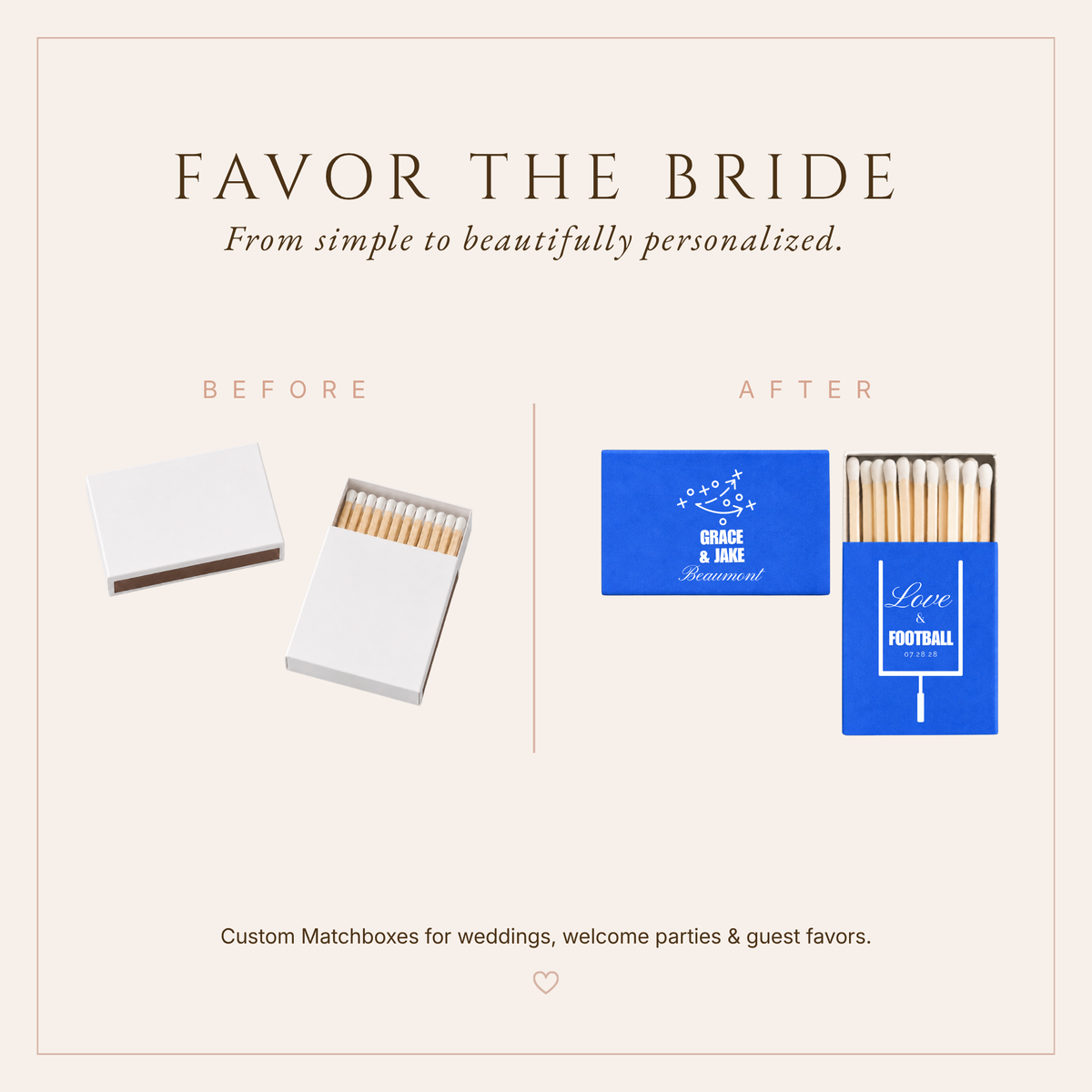 Football themed wedding matchboxes featuring a football play design, goalpost artwork, couple names, and wedding date.