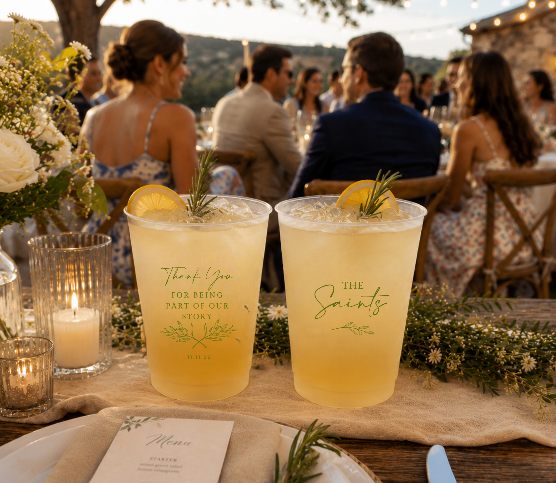 
Personalized olive branch wedding frosted cup featuring family surname and thank you message.
