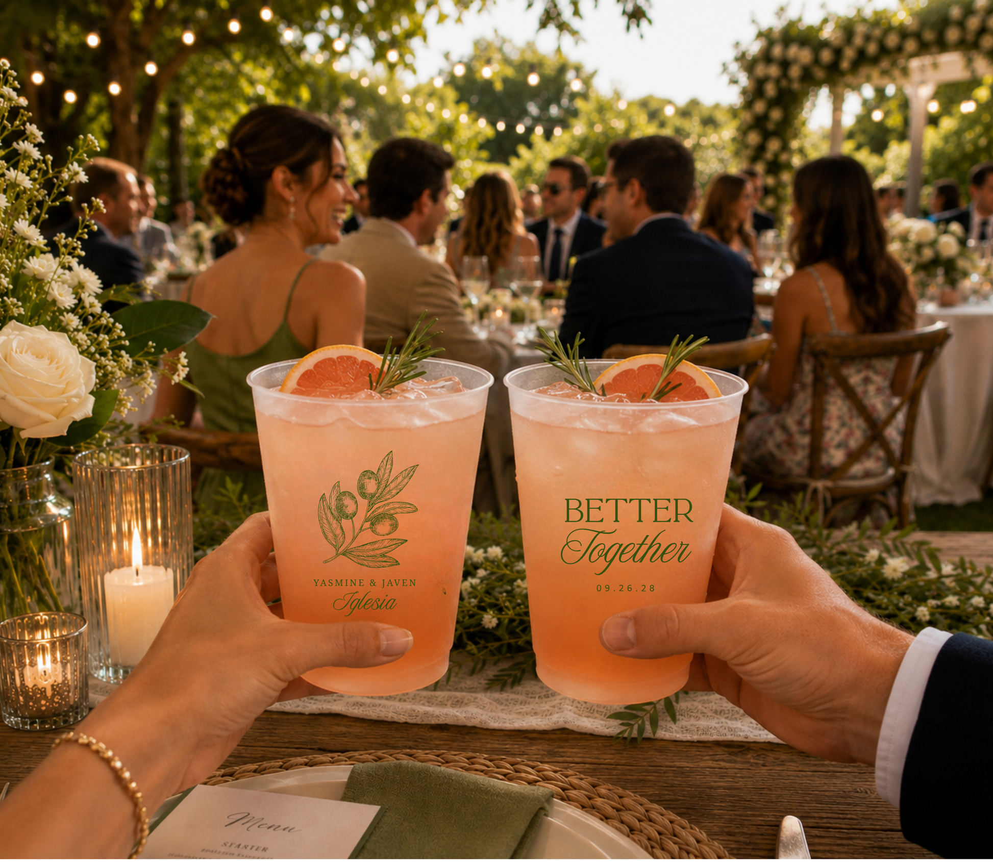 
Personalized olive branch wedding frosted cup featuring custom couple names and surname.
