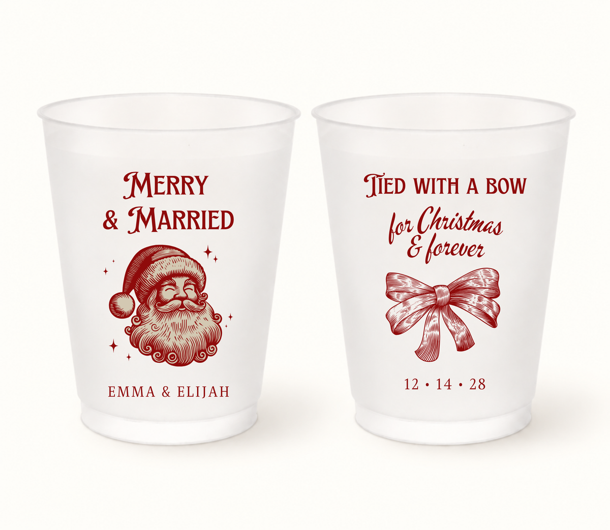Personalized Merry & Married Christmas wedding frosted cups featuring vintage Santa and Christmas bow designs with custom couple names and wedding date.