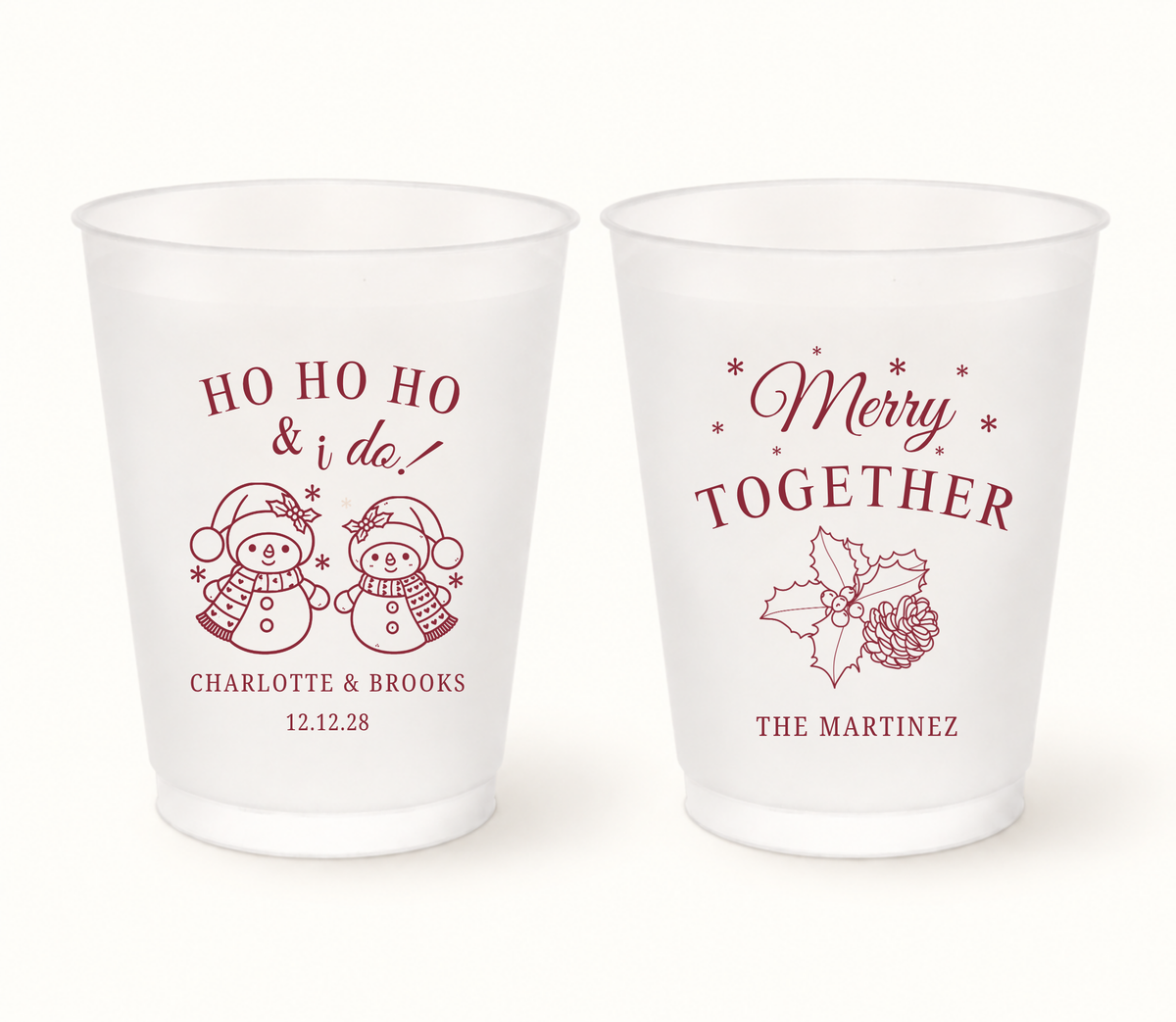 Personalized Merry Together Christmas wedding frosted cups featuring snowman and holly holiday designs with custom couple names and wedding date.