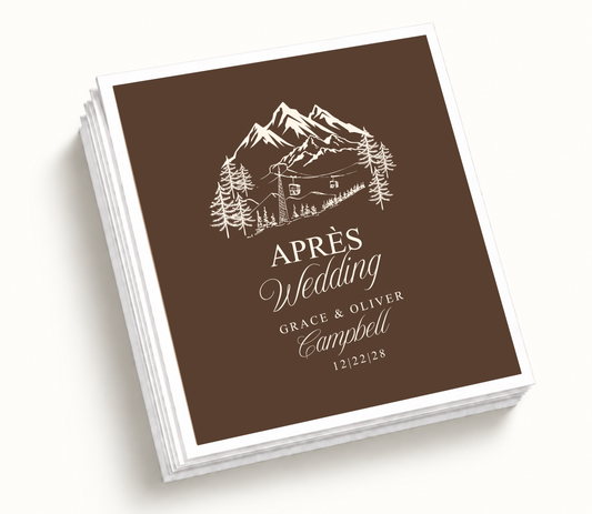 Personalized Mountain Après Wedding Napkins featuring a chocolate brown design with alpine mountains, ski lodge artwork, couple names, and wedding date.