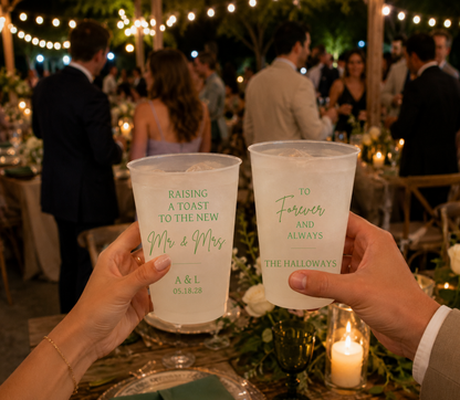 Personalized Forever and Always wedding cups with custom family name.