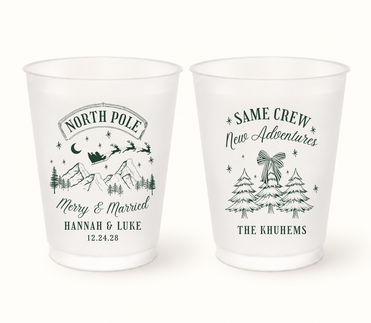 Personalized North Pole Christmas wedding frosted cups featuring snowy mountain, pine tree, and holiday winter illustrations with custom names and date.