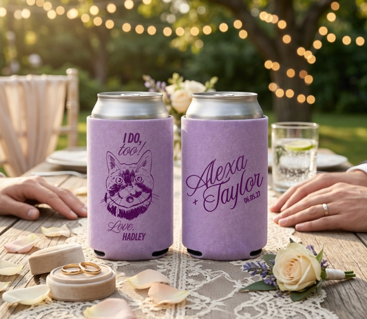 Personalized cat portrait wedding can coolers with custom pet artwork, names, date, and pet name. Unique wedding favors for pet lovers.