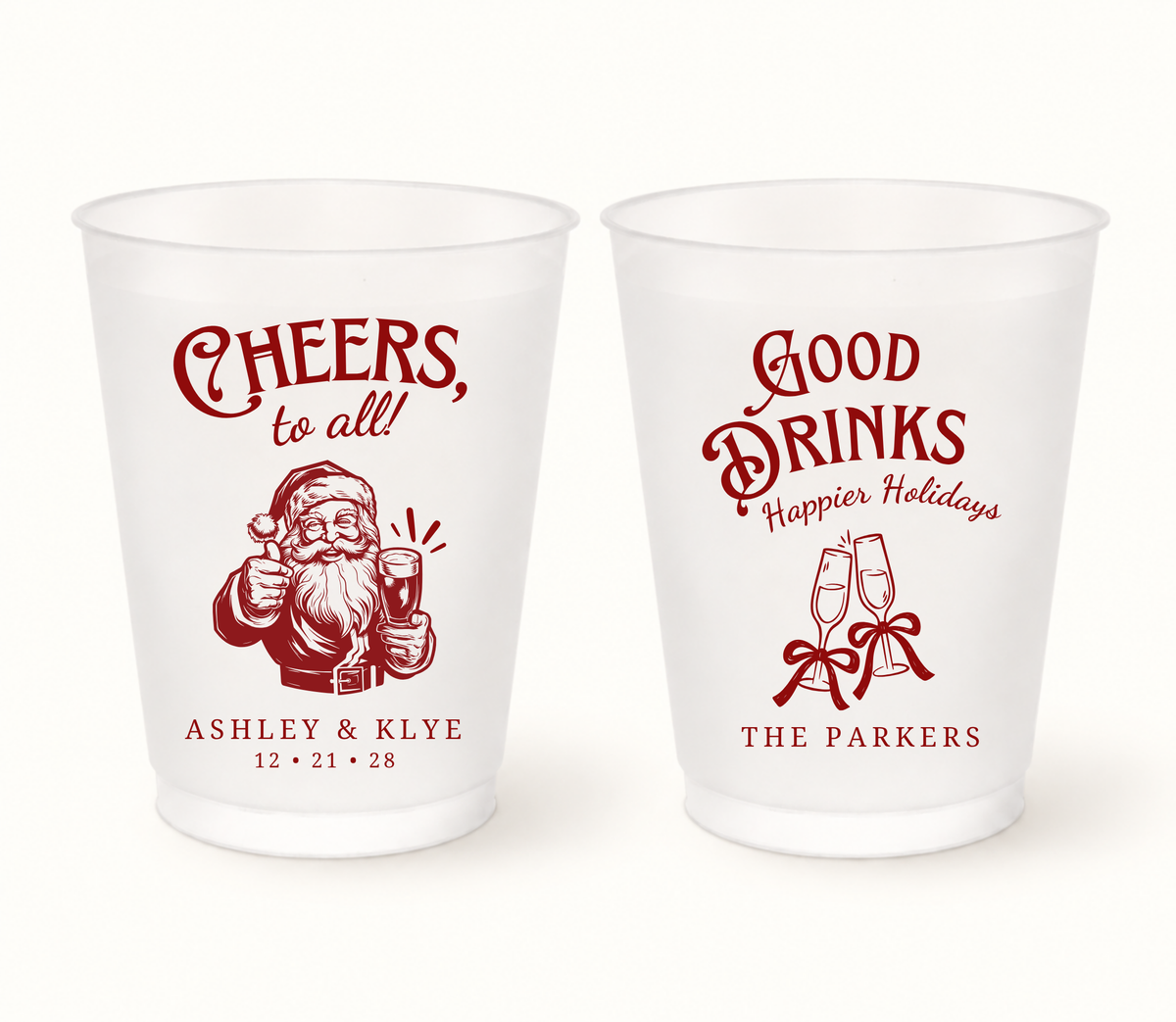 Personalized Cheers Santa Christmas wedding frosted cups featuring Santa and holiday drink designs with custom couple names and wedding date.