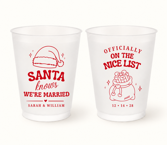 Personalized Santa Christmas wedding frosted cups featuring Santa hat, holiday gift illustration, custom couple names, and wedding date.