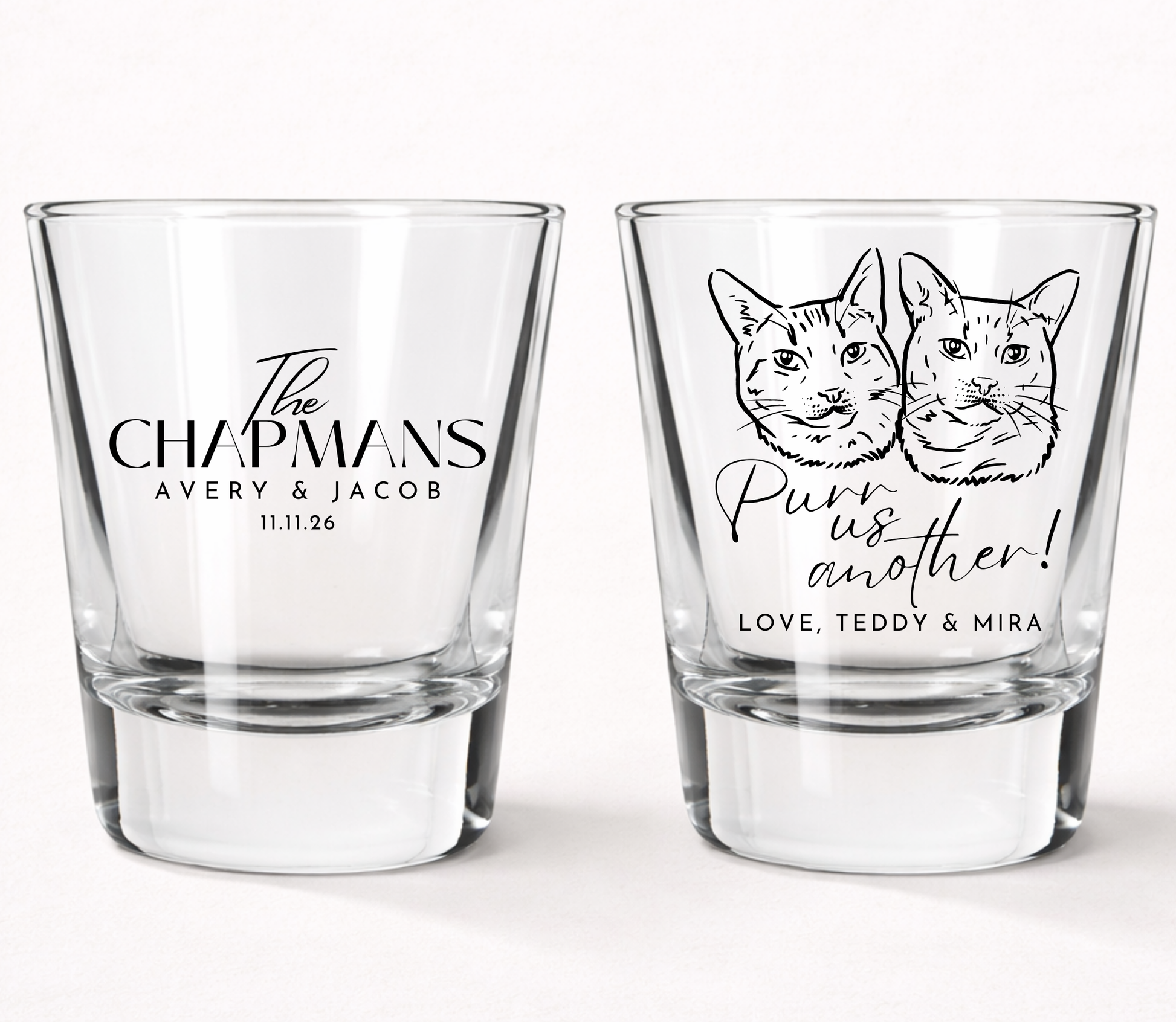 Personalized cat wedding shot glasses
Custom cat portrait wedding favor
Purr us another shot glass
Cat lover wedding drinkware