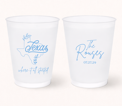 Texas wedding frosted cups featuring custom names, state artwork, meaningful locations, and hometown inspired designs.