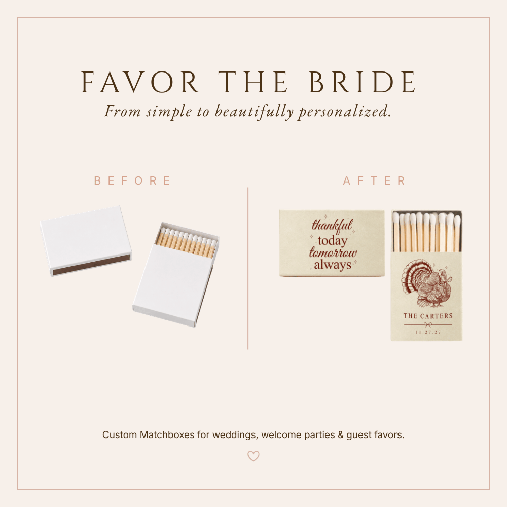 Cozy autumn wedding matchboxes personalized with couple names, wedding date, and Thanksgiving turkey artwork.