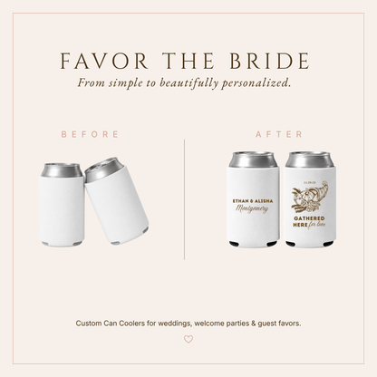 Elegant white Thanksgiving wedding can coolers with custom couple names, wedding date, and warm brown seasonal details.