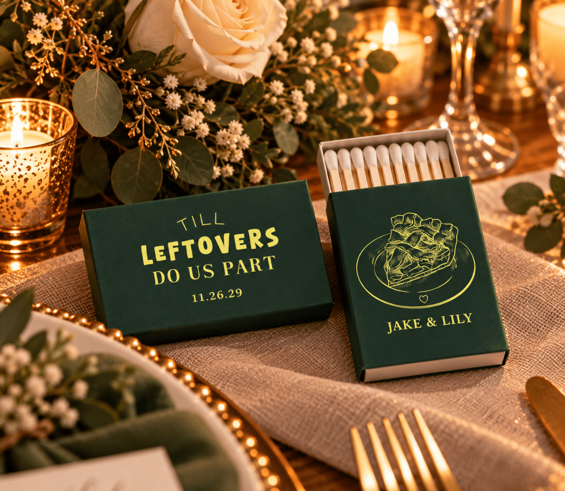 Leftovers Do Us Part personalized wedding matchboxes