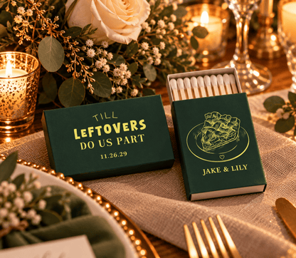 Leftovers Do Us Part personalized wedding matchboxes