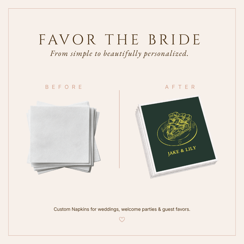 Cozy autumn wedding napkins personalized with couple names and a detailed pie illustration.