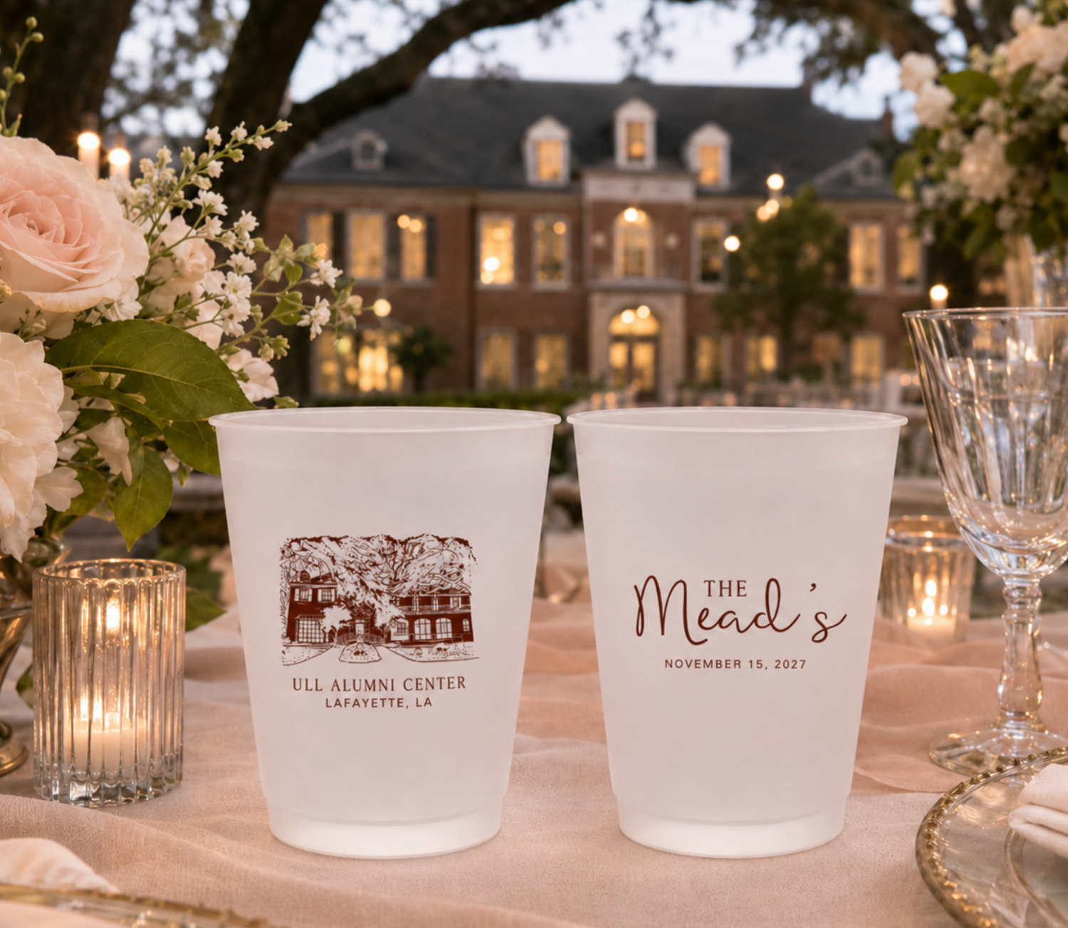 Custom wedding venue frosted cups with personalized venue illustration artwork, names, wedding date, and custom location details
