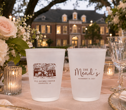 Custom wedding venue frosted cups with personalized venue illustration artwork, names, wedding date, and custom location details