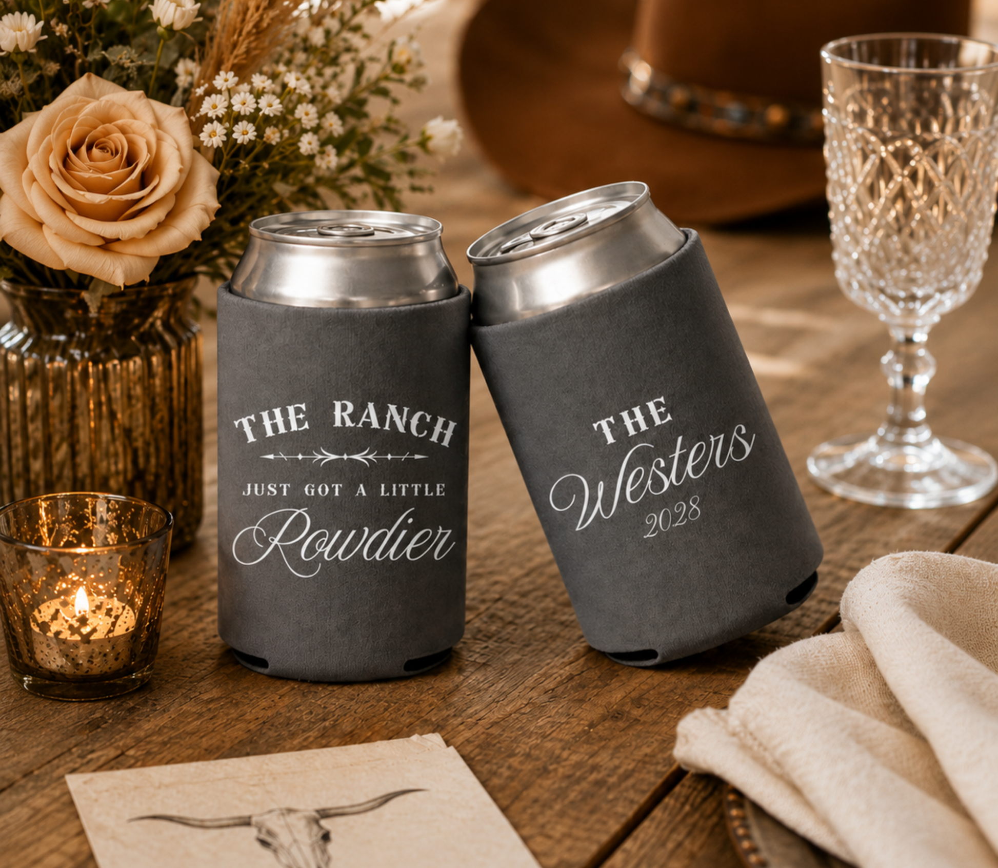 Custom western wedding drink sleeves for welcome bags, cocktail hour, barn weddings, and rustic receptions