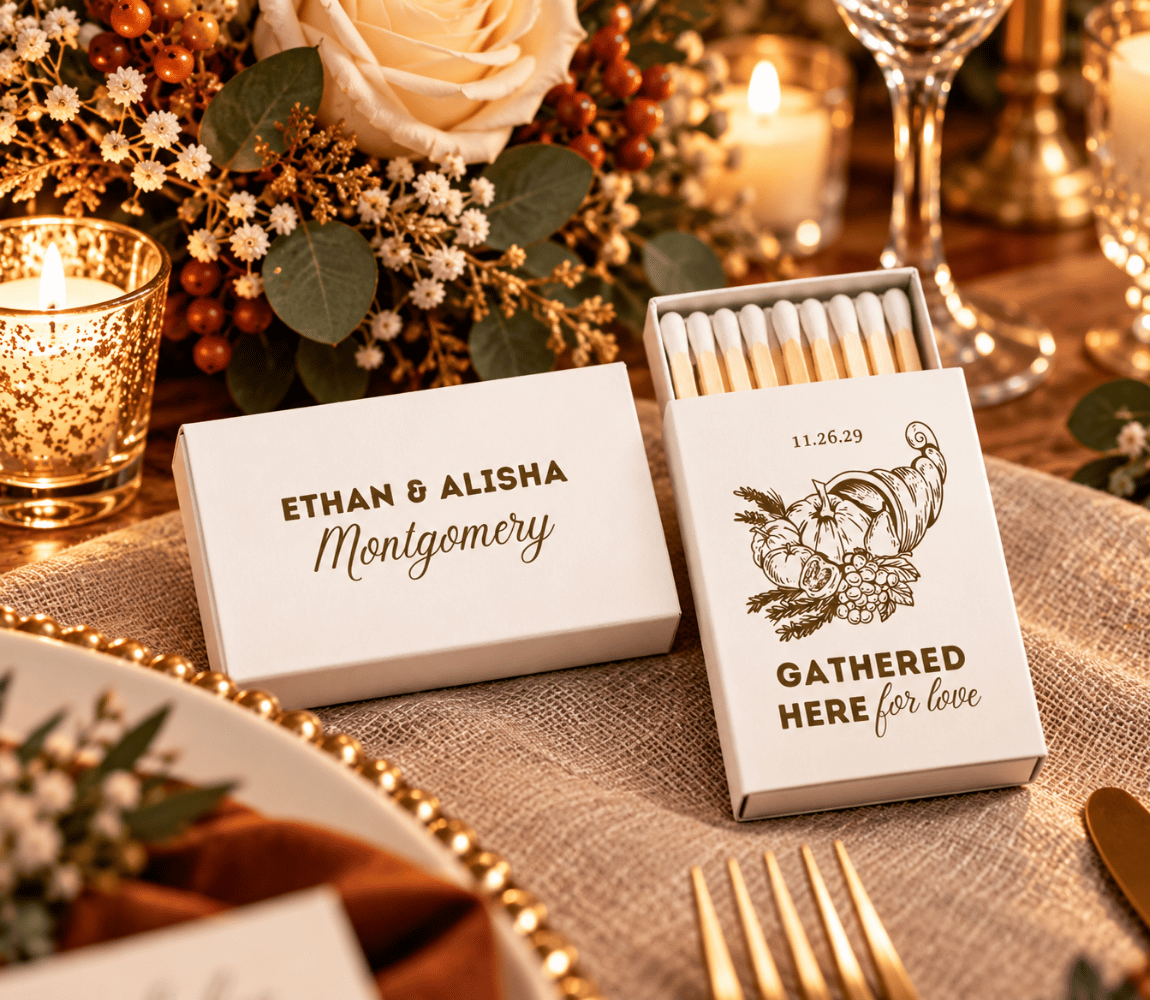Gathered Here for Love personalized wedding matchboxes