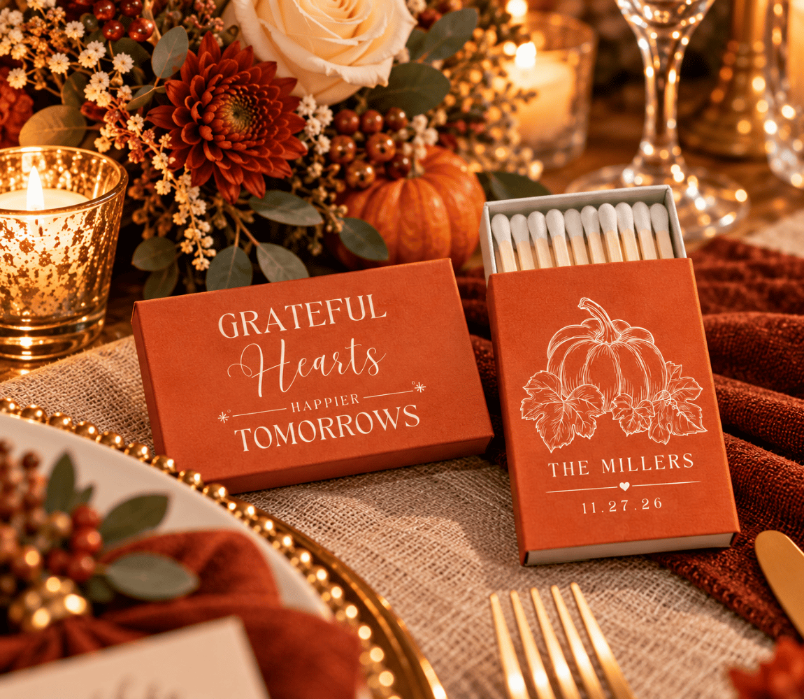 Grateful Hearts personalized wedding matchboxes for fall weddings