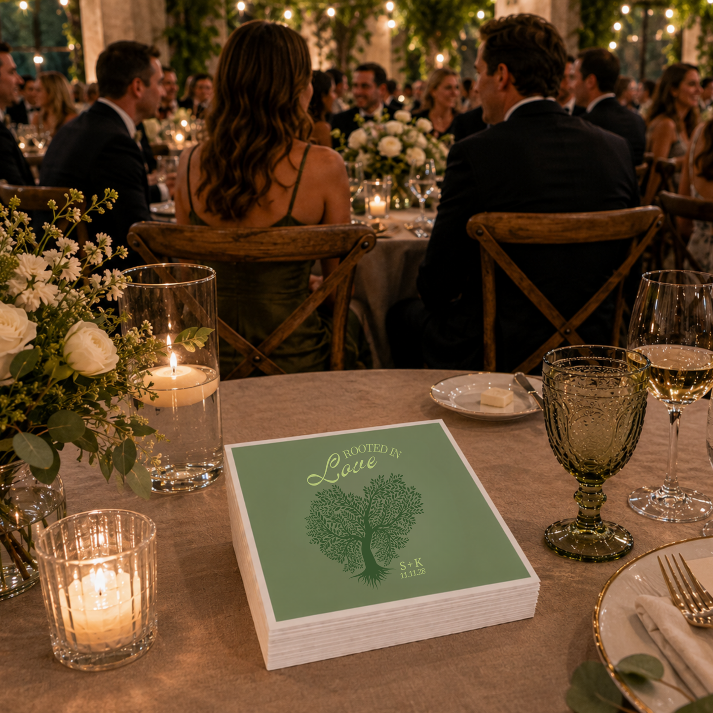 Sage wedding napkin featuring Rooted in Love tree artwork and personalized initials.

