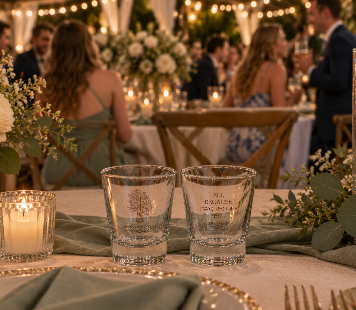 Love Tree personalized wedding shot glasses.

Rustic personalized wedding favor shot glasses.

Wedding shot glasses featuring tree artwork and love quote.
