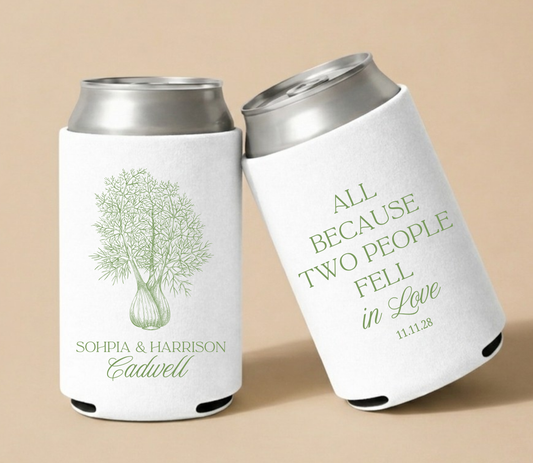 White personalized wedding can coolers featuring elegant botanical artwork, custom couple names Sophia and Harrison, family name Cadwell, and wedding date.
